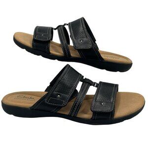 Clarks Elizabelle Ave Women Flat Slide Sandals Black Leather Adjustable Size 9.5